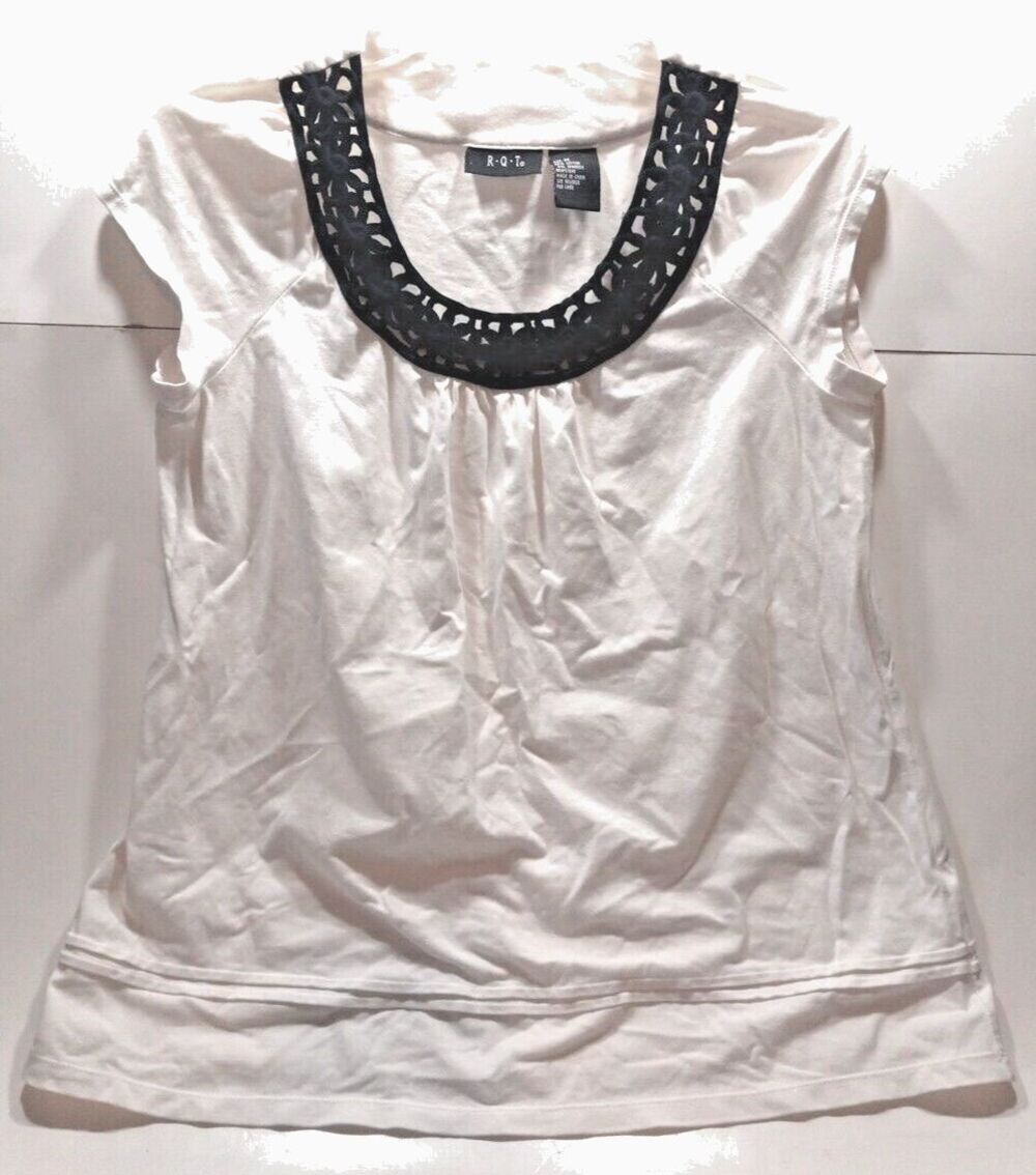 RQT Women Cap Sleeve Top Medium Round Neckline Black Cutouts Bottom Hem Detail